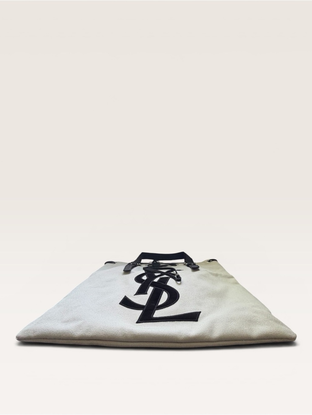 Saint Laurent Rive Gauche Canvas Tote Ivory Black Velvet YSL Logo - Picture 8 of 9